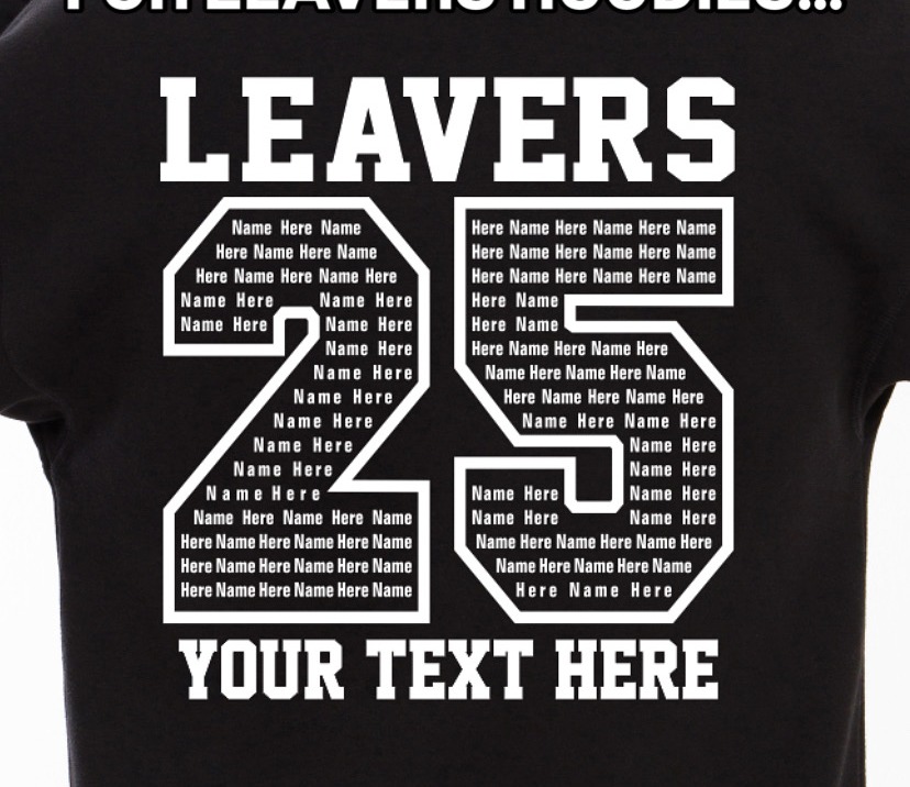 Back of a black leavers hoodie printed with the year number filled with the class name list