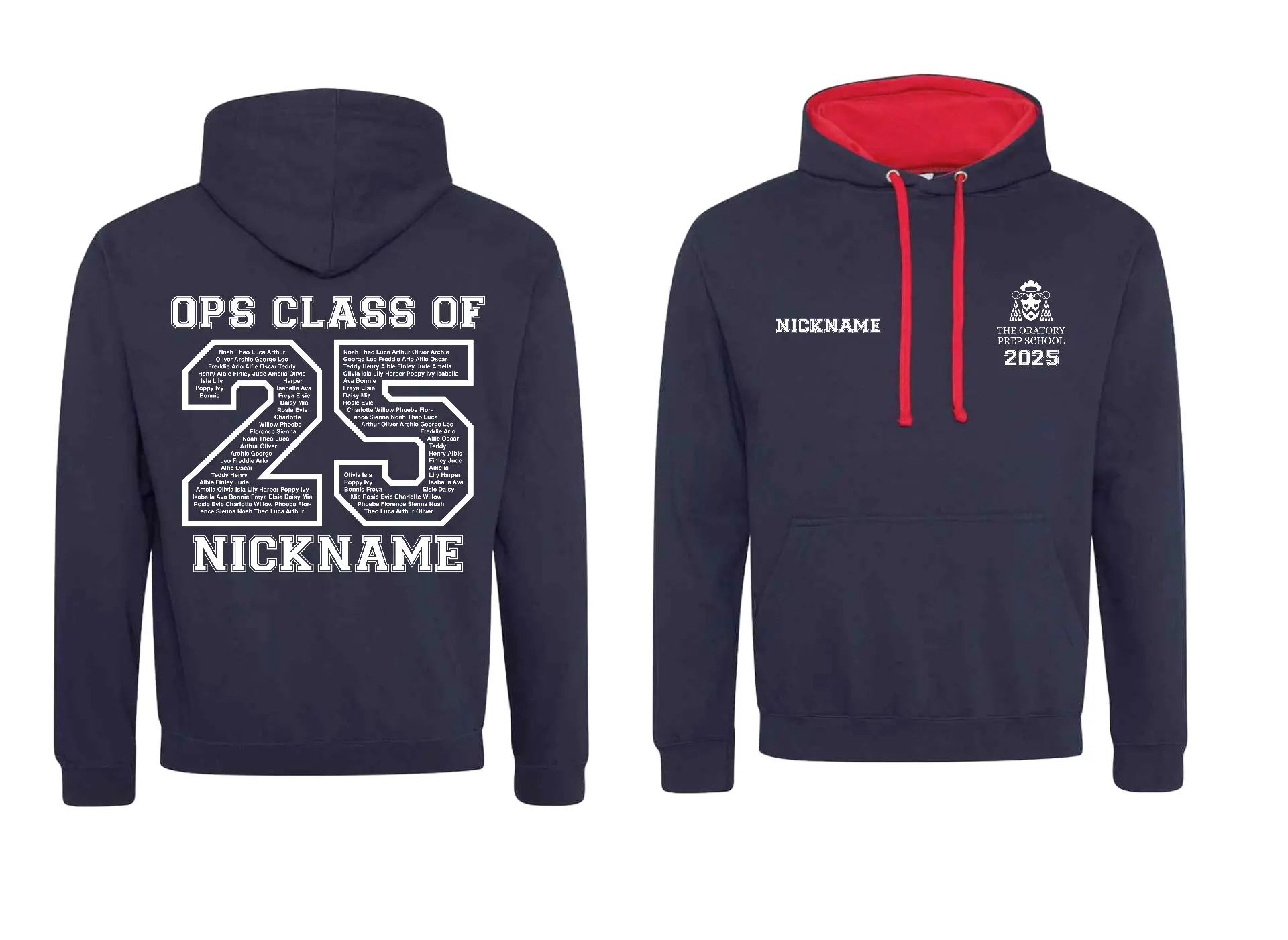 Navy leavers hoodie front and back showing school crest, nickname and class of 2025 name print