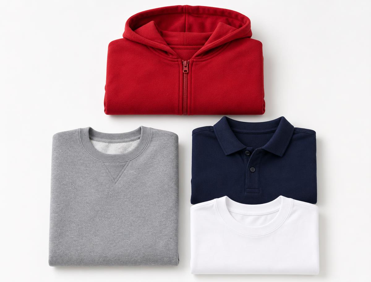 Children's school uniform flat lay: red hoodie, grey sweatshirt, navy polo shirt and white t-shirt
