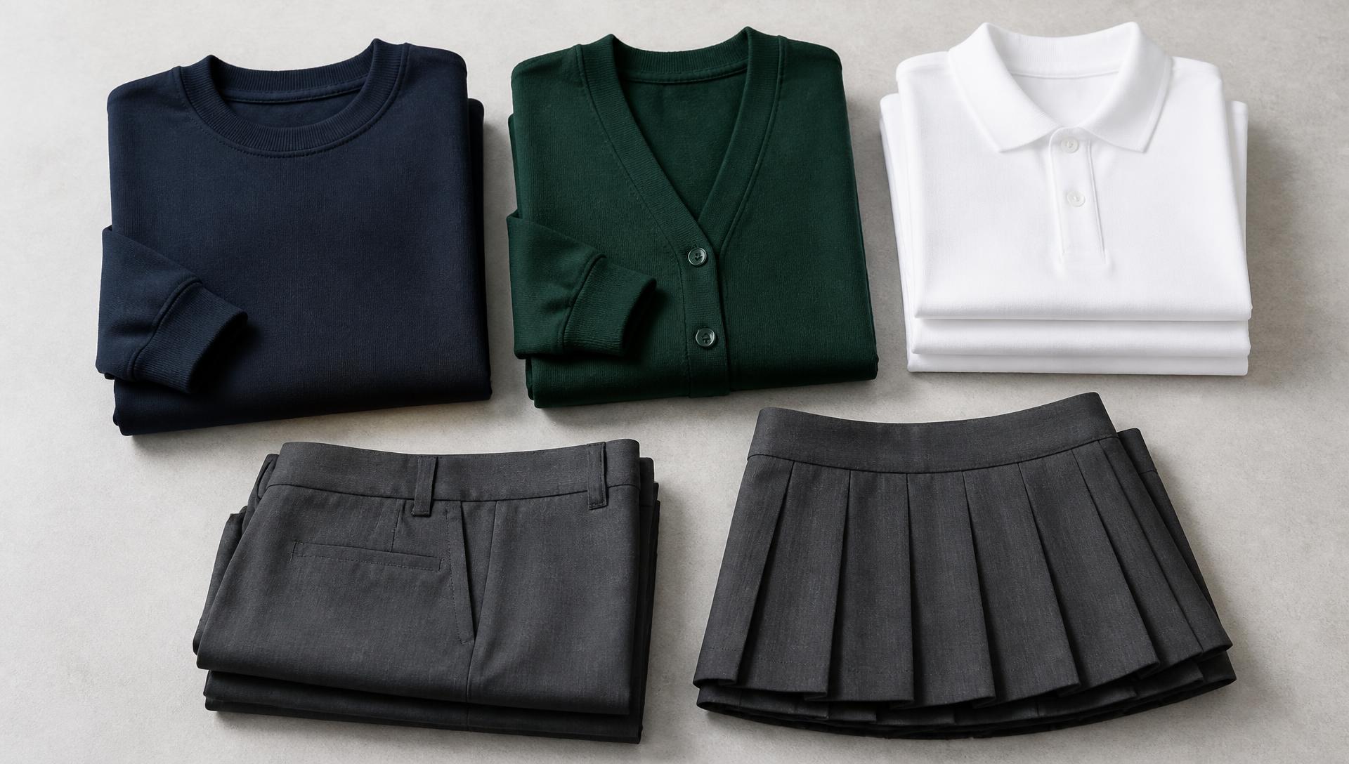 Folded school uniform including sweatshirts, polo shirts and trousers ready for a new term